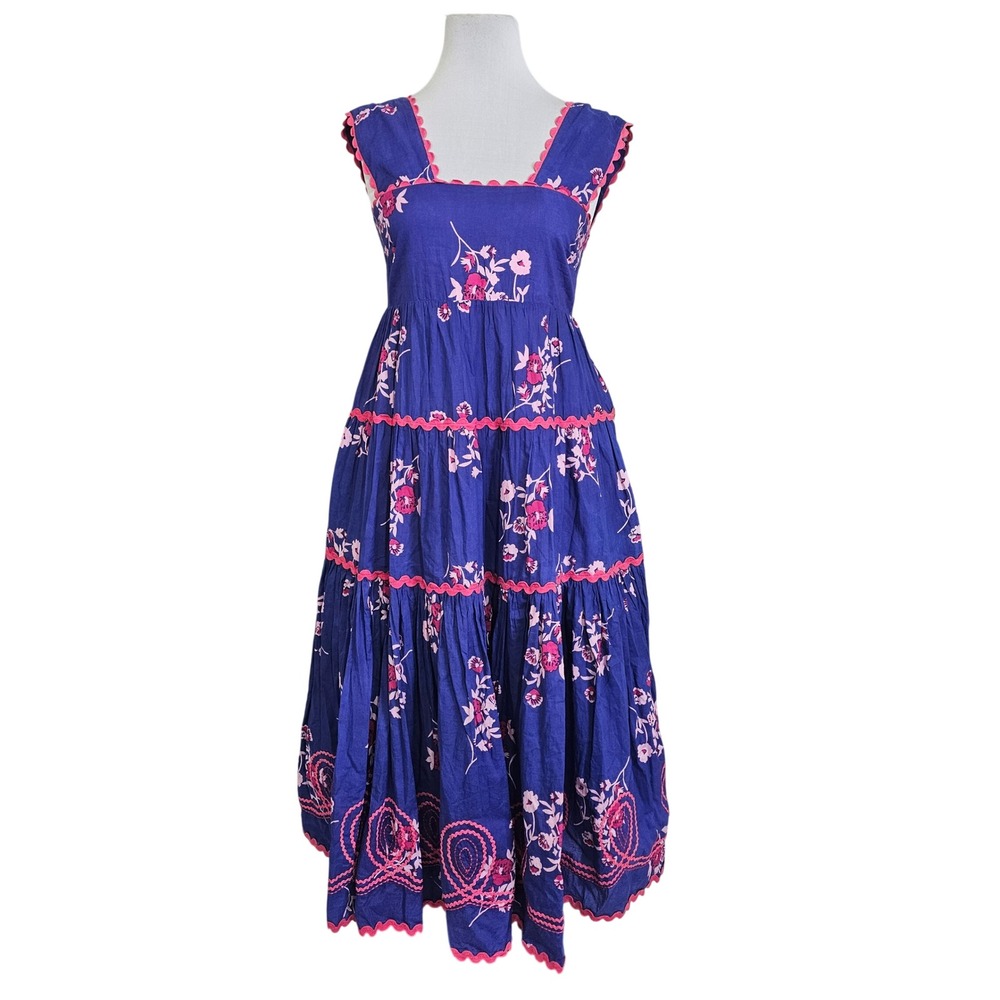 Tiered Floral Maxi Sun Dress Blue Pink Ric Rac Trim Smocked Back Sleeveless Boho